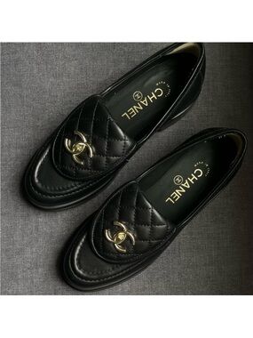 CHANEL Black Quilted Leather Gold CC Loafers